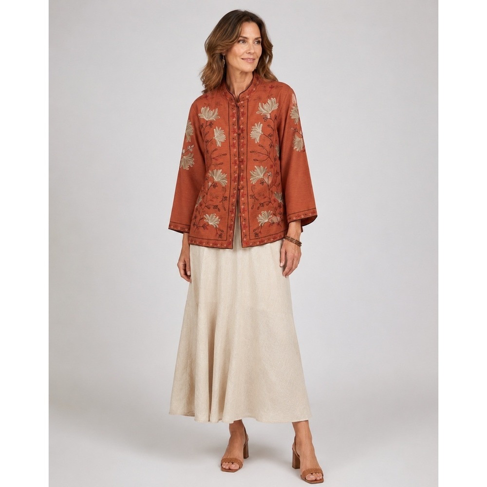 Y2K Dressbarn Jacket Womens Plus 1X Orange Silk Embroidered Fall Flower Vintage